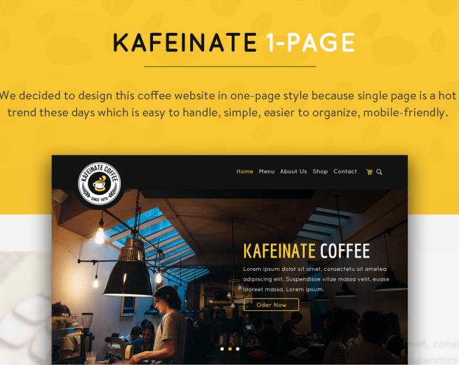 KAFEINATE – Free Coffeeshop Logo, One Page, UI Designs PSD